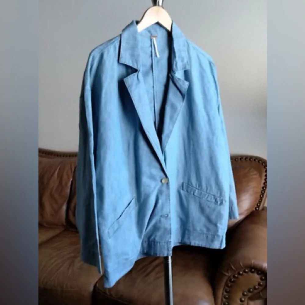 FREE PEOPLE Blue Oversize Blazer Shacket Jacket Cotton/Hemp Fabric Size S